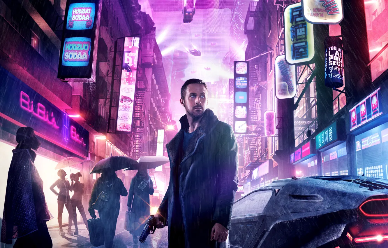 Photo wallpaper night, the city, lights, gun, weapons, fiction, rain, street