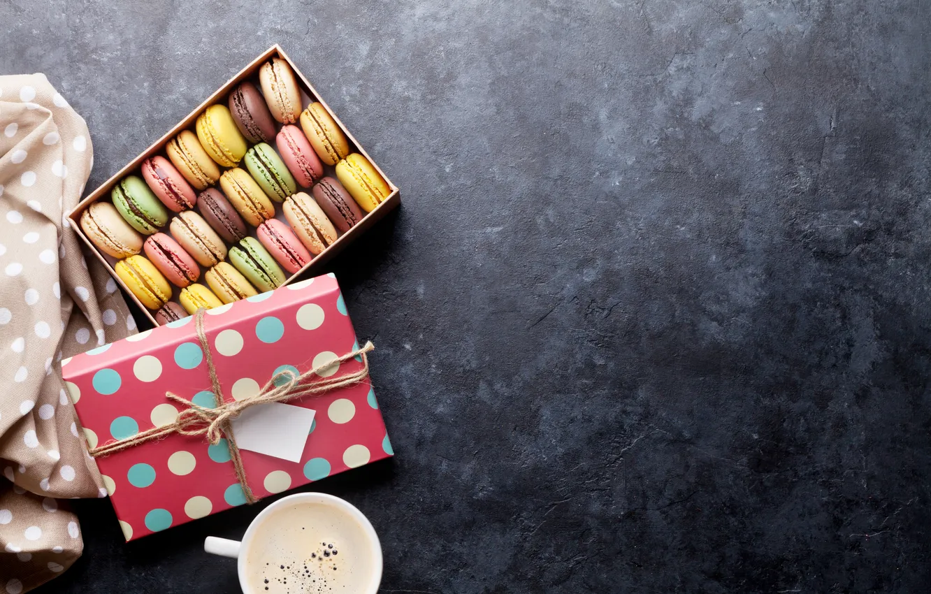 Photo wallpaper flowers, gift, colorful, pink, flowers, coffee cup, macarons, a Cup of coffee