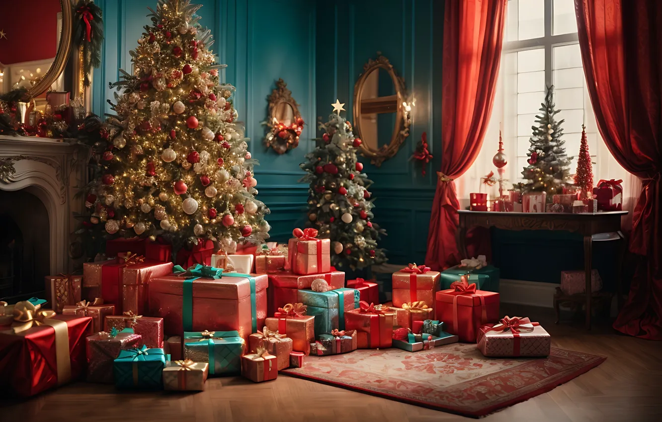 Photo wallpaper decoration, room, gift, balls, tree, new year, interior, Christmas