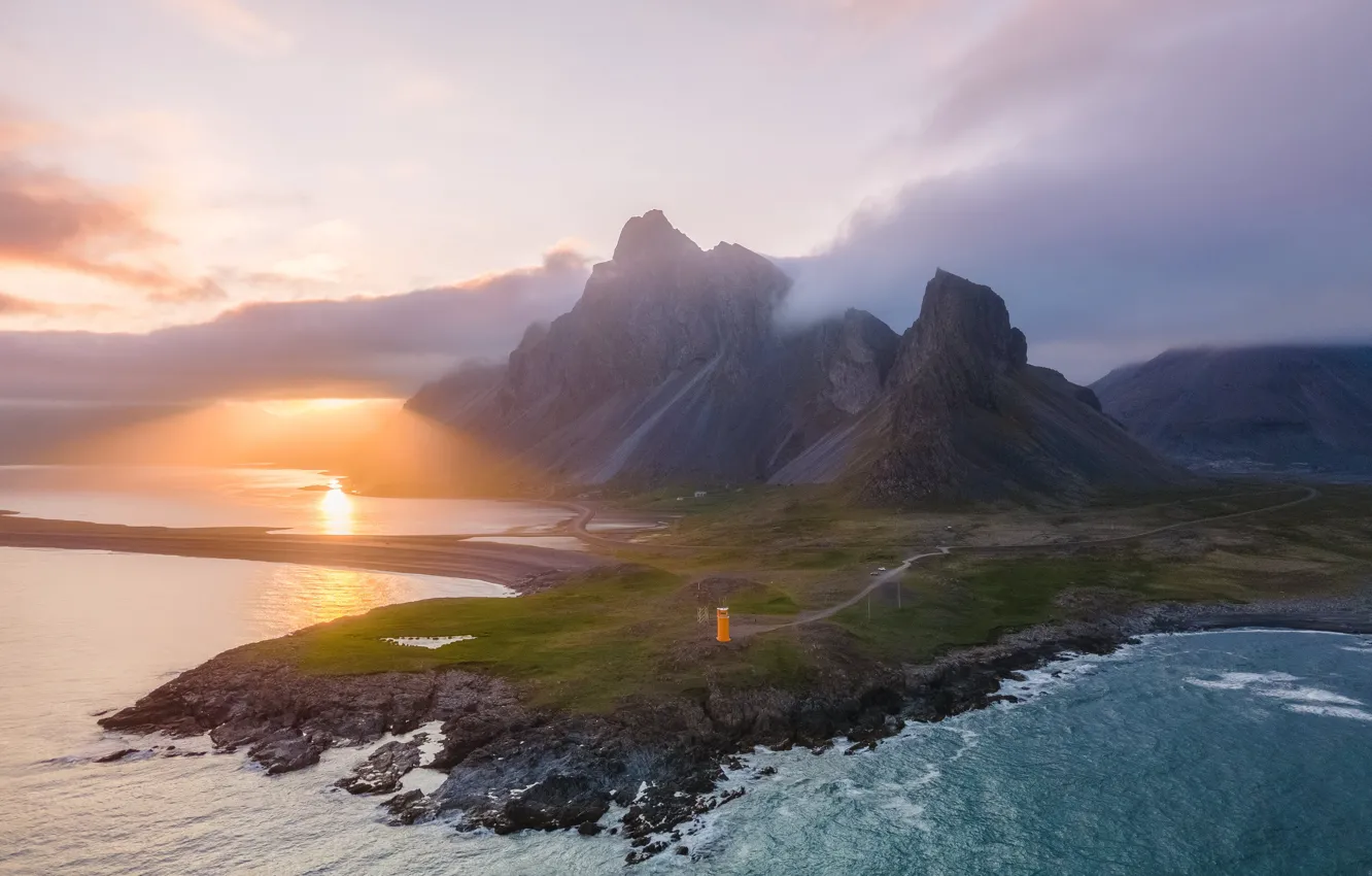 Photo wallpaper mountains, fog, morning, haze, pond, Cape
