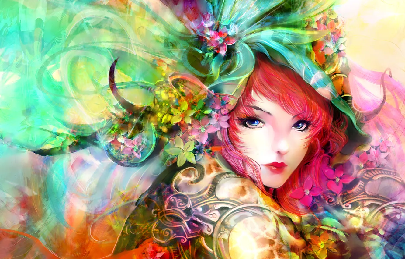 Photo wallpaper look, girl, art, painting, red hair, face. flowers