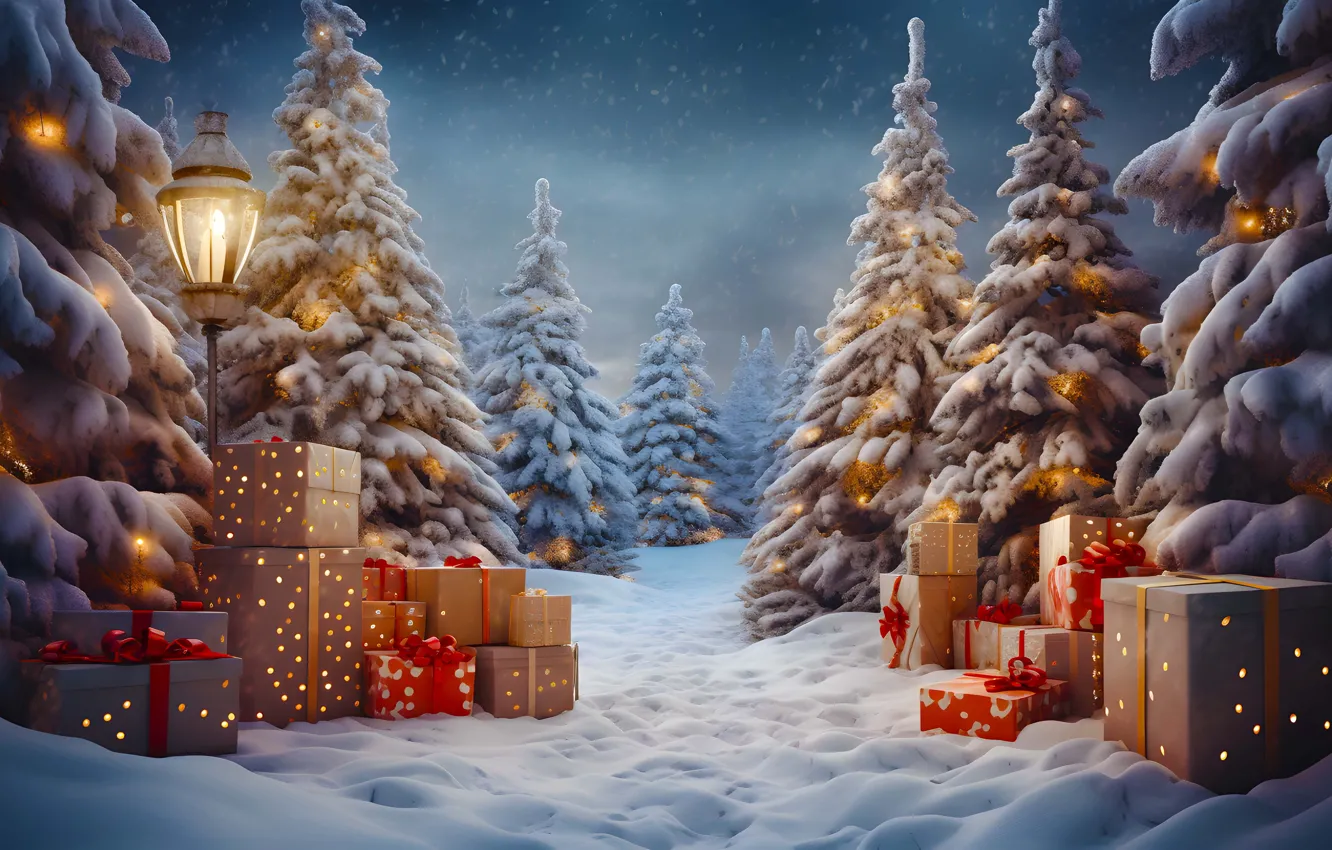 Photo wallpaper winter, forest, snow, lights, box, gift, tree, new year