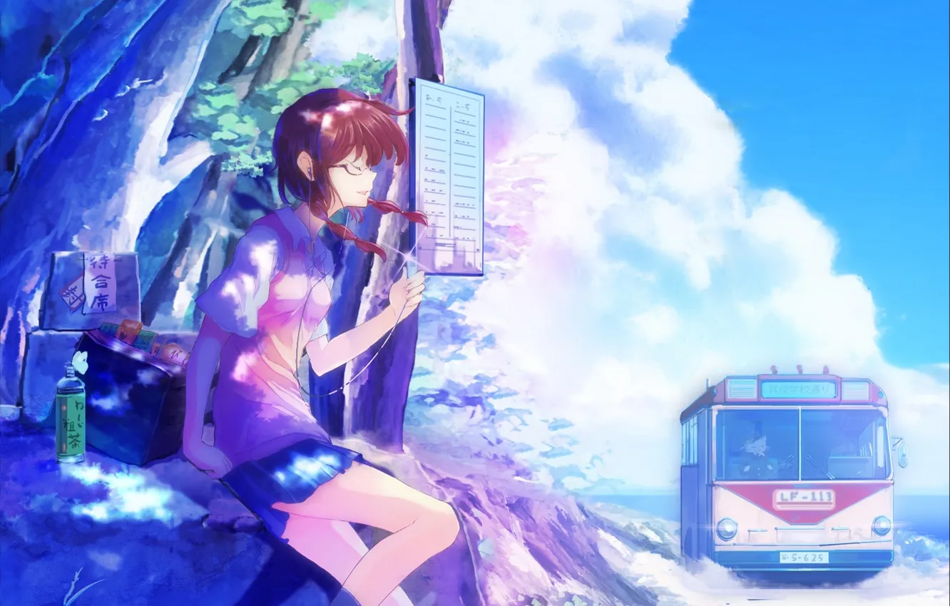 Photo wallpaper girl, trees, anime, headphones, art, form, bus, schoolgirl