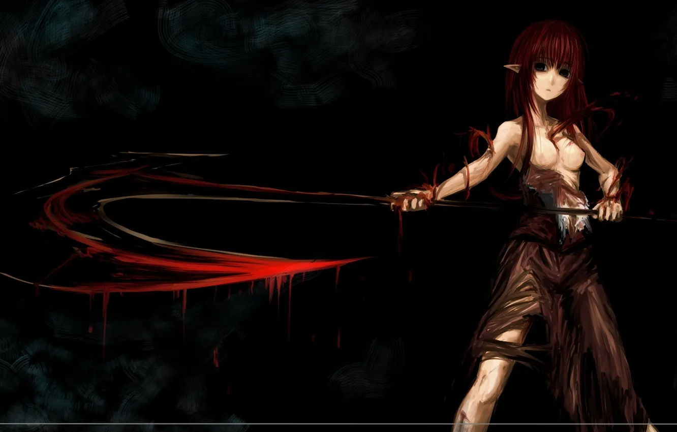 Photo wallpaper chest, girl, weapons, anime, art, braid, naked, kotoba noriaki