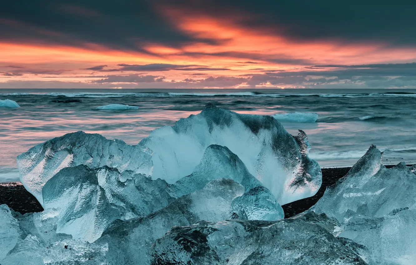 Photo wallpaper ice, sea, landscape, sunset
