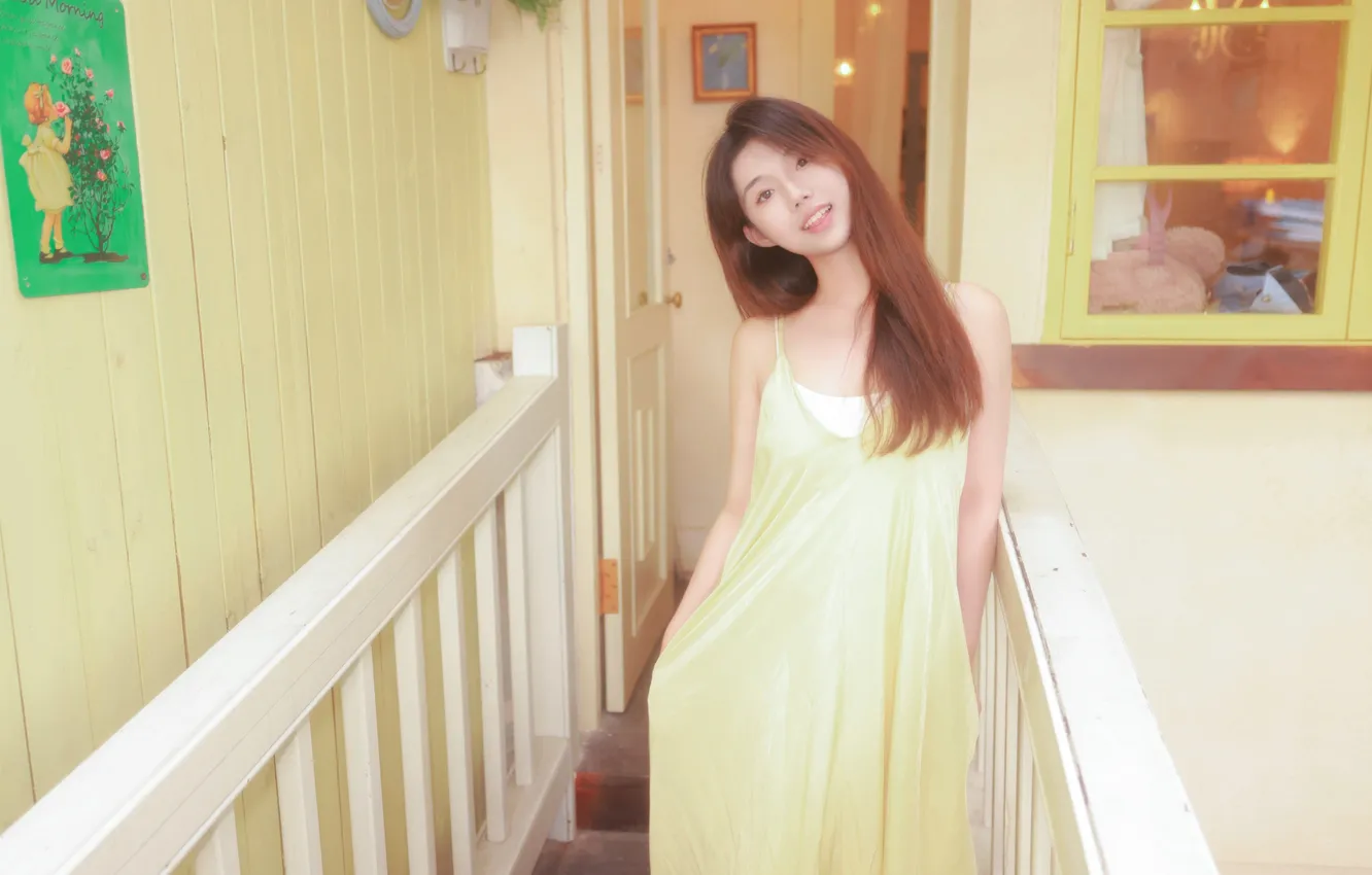 Photo wallpaper woman, smile, beautiful, model, pretty, asian, cute, stairs