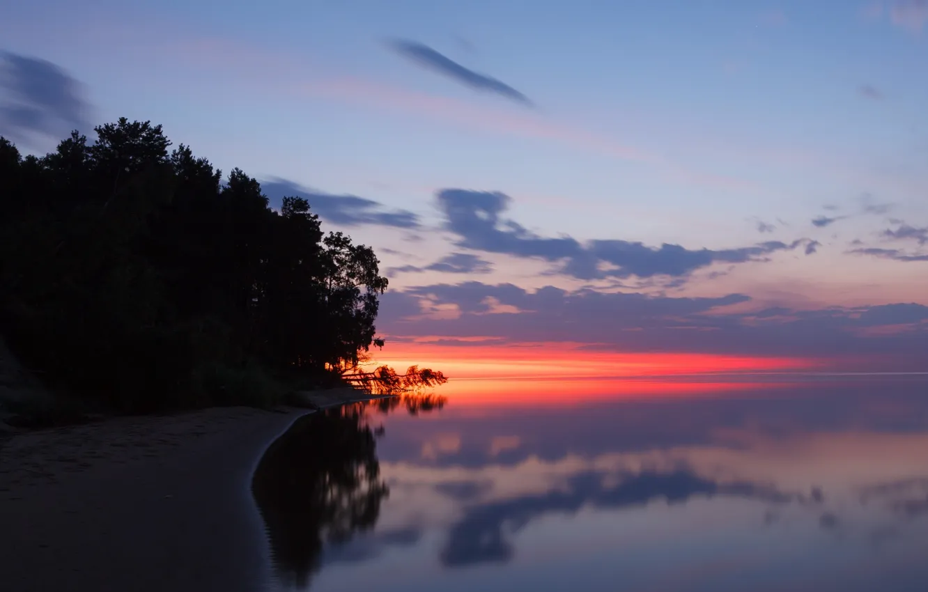 Photo wallpaper water, trees, sunset, shore