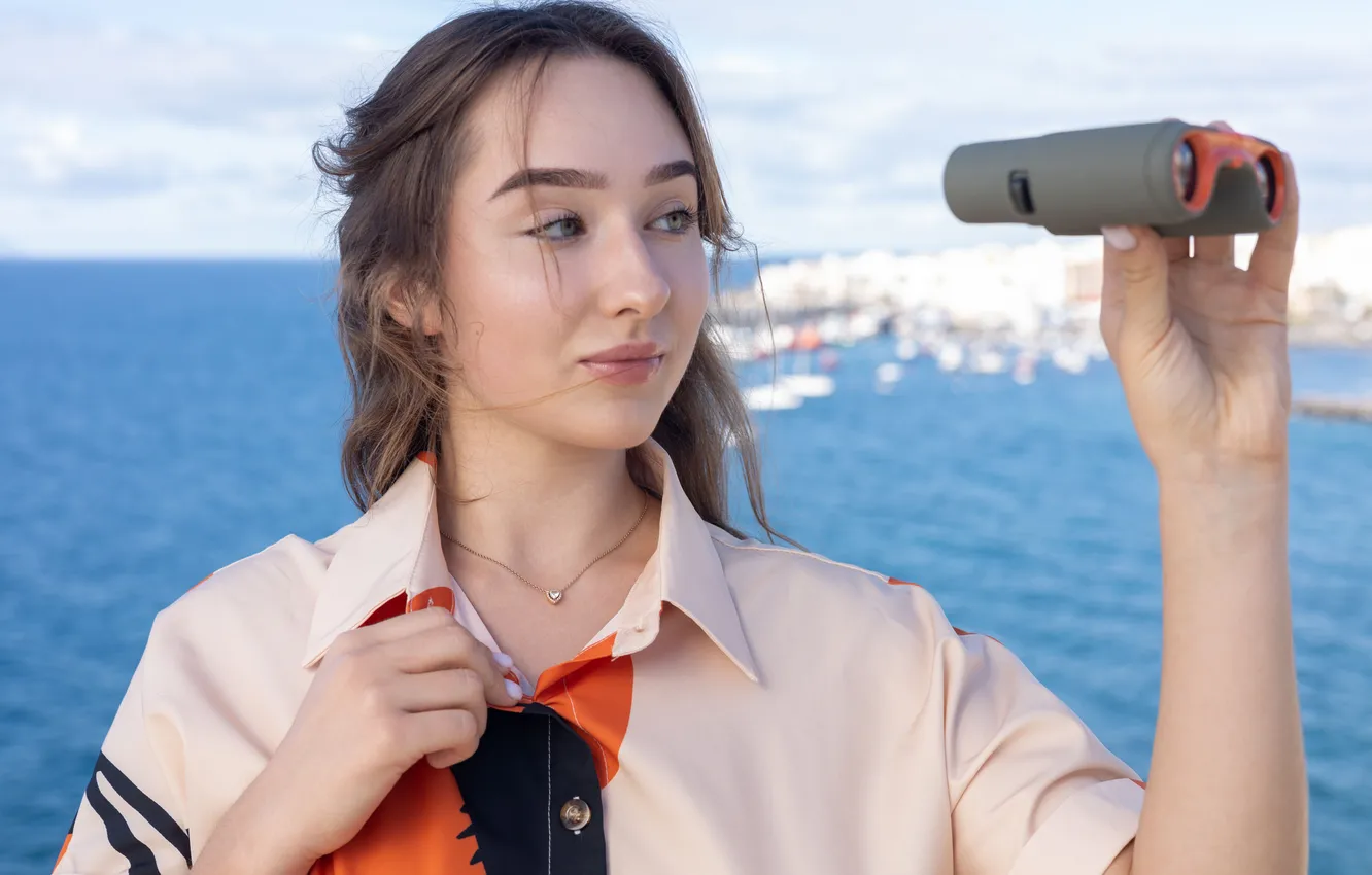 Photo wallpaper model, brunette, gorgeous, posing, closeup, beautiful face, Photoshoot, binoculars