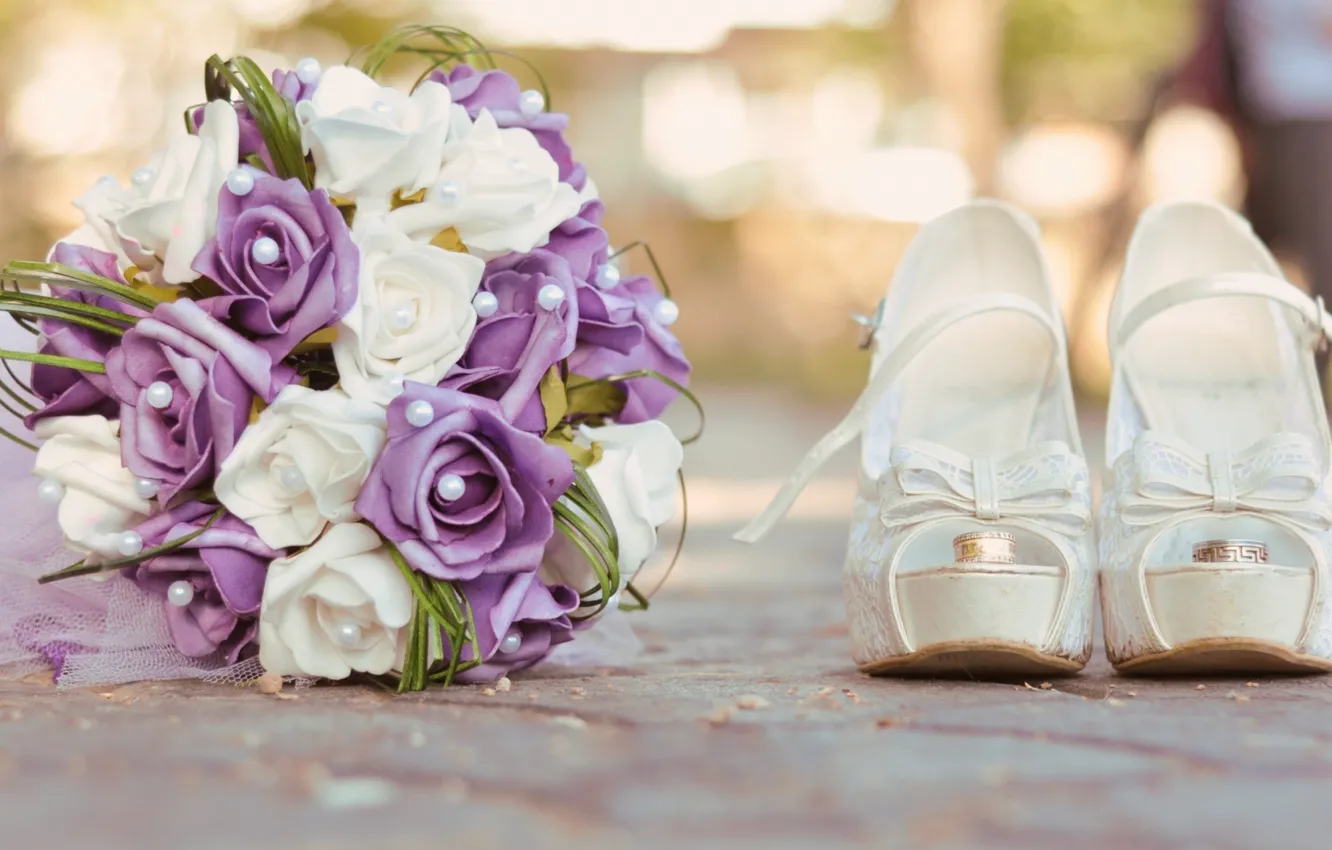 Photo wallpaper Flowers, bouquet, ring, shoes, wedding