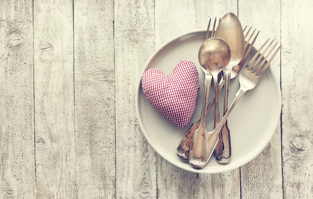 Photo wallpaper table, plate, heart, Valentine's day, fork, spoon