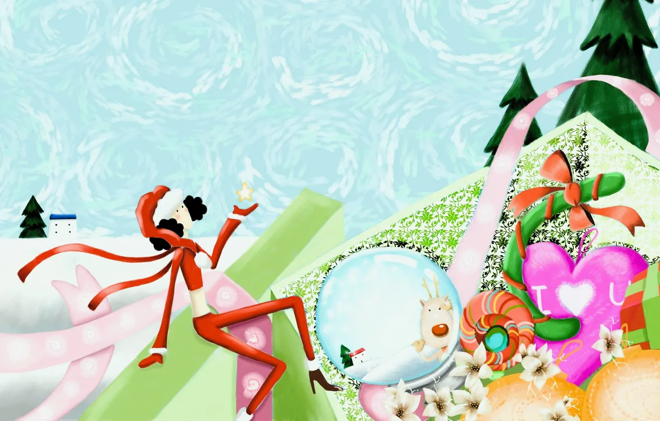 Photo wallpaper girl, snow, flowers, gift, tree, costume, hearts