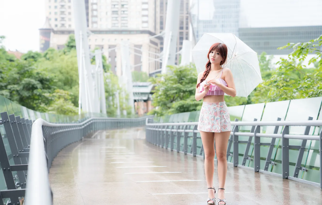 Photo wallpaper the rain, summer, girl, face, umbrella, hair, skirt, legs