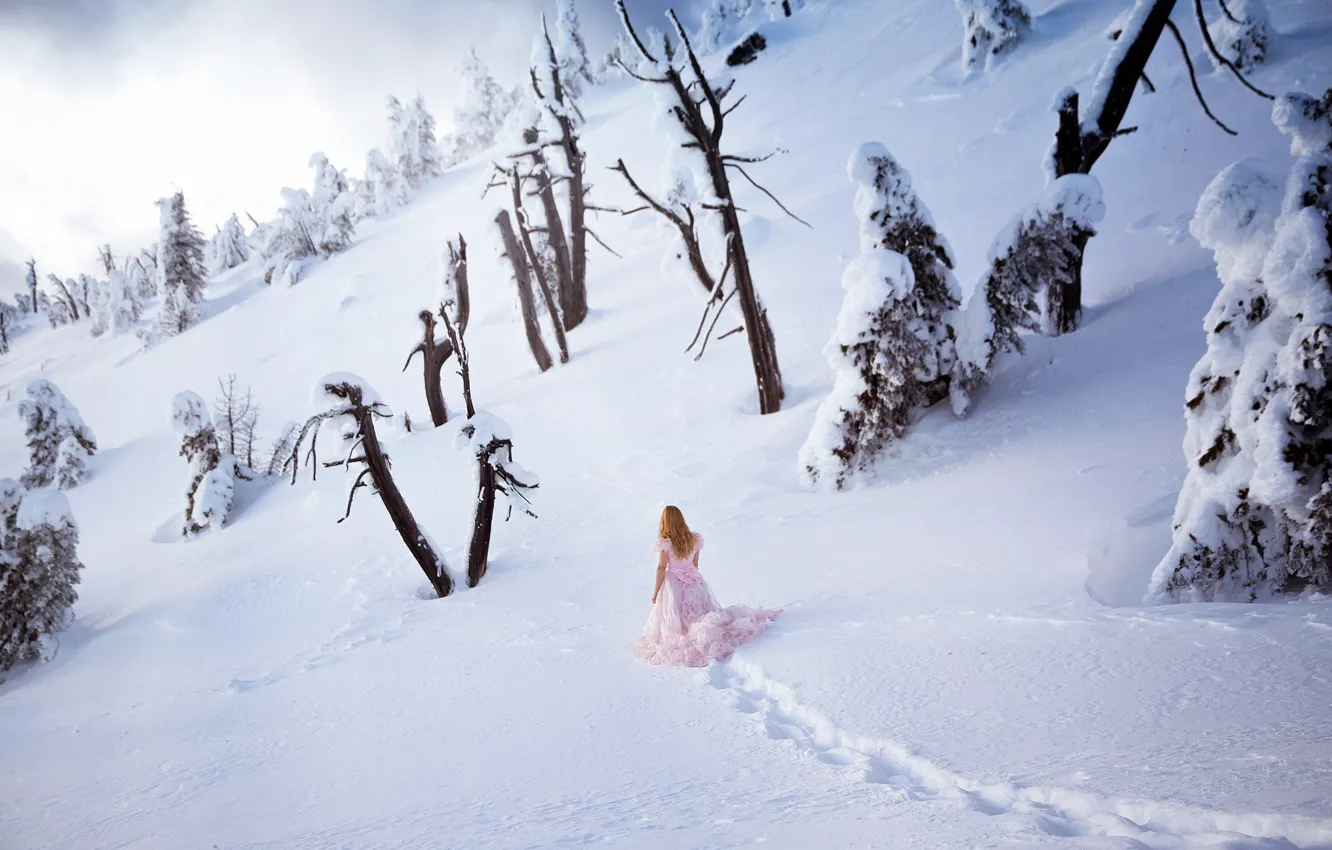 Photo wallpaper winter, girl, snow, nature