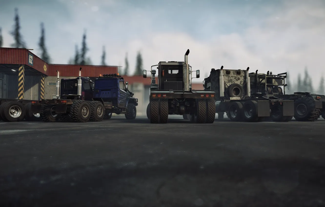 Photo wallpaper game, trucks, Michigan, Garage, Navistar 5000-MV, Western Star 49X, Kolob 74941, Boar 45318