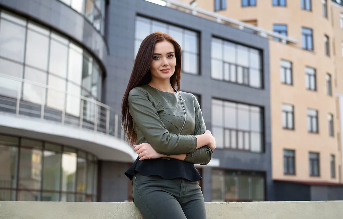 Photo wallpaper city, girl, smile, beautiful, window, lips, eye, Sight