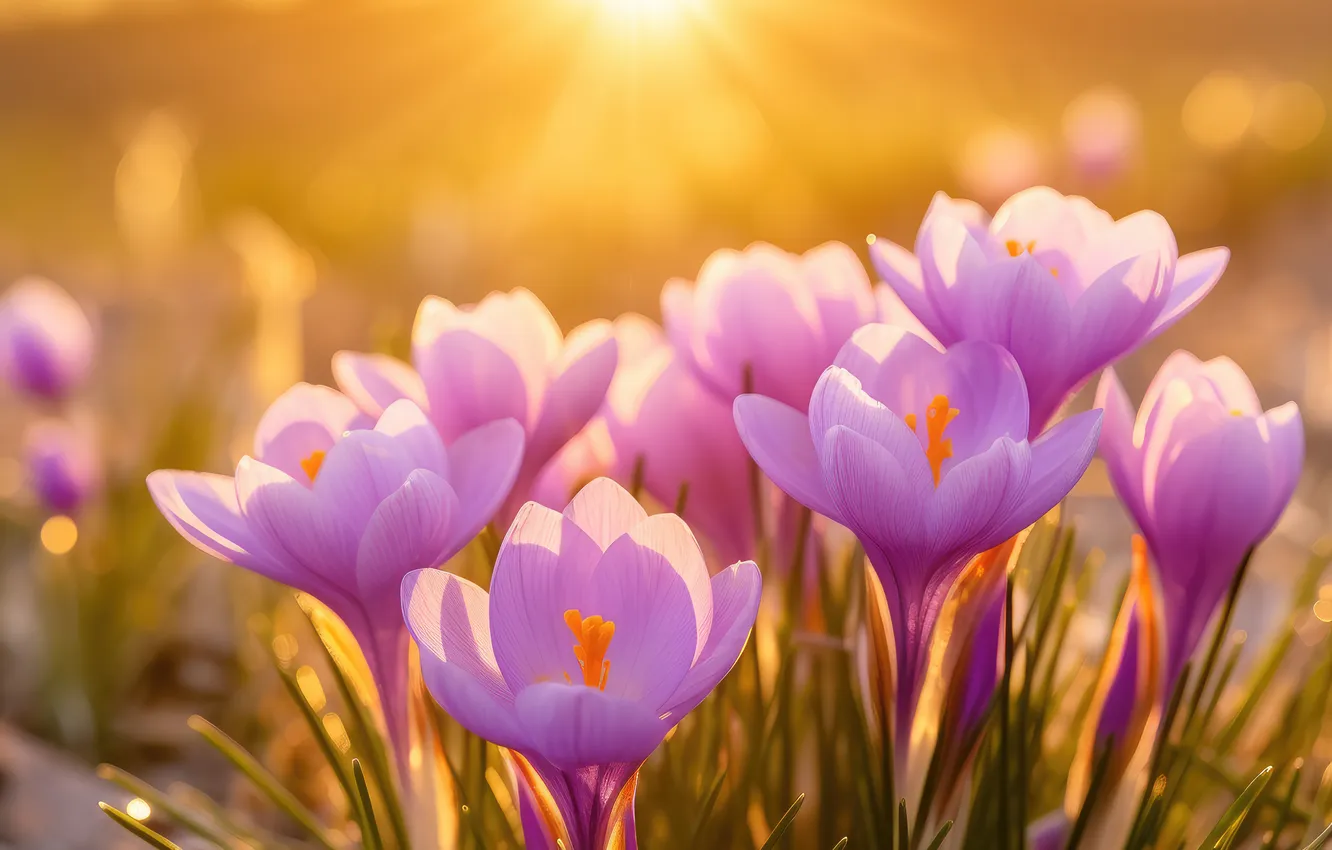 Photo wallpaper light, flowers, glade, spring, crocuses, pink, lilac, bokeh