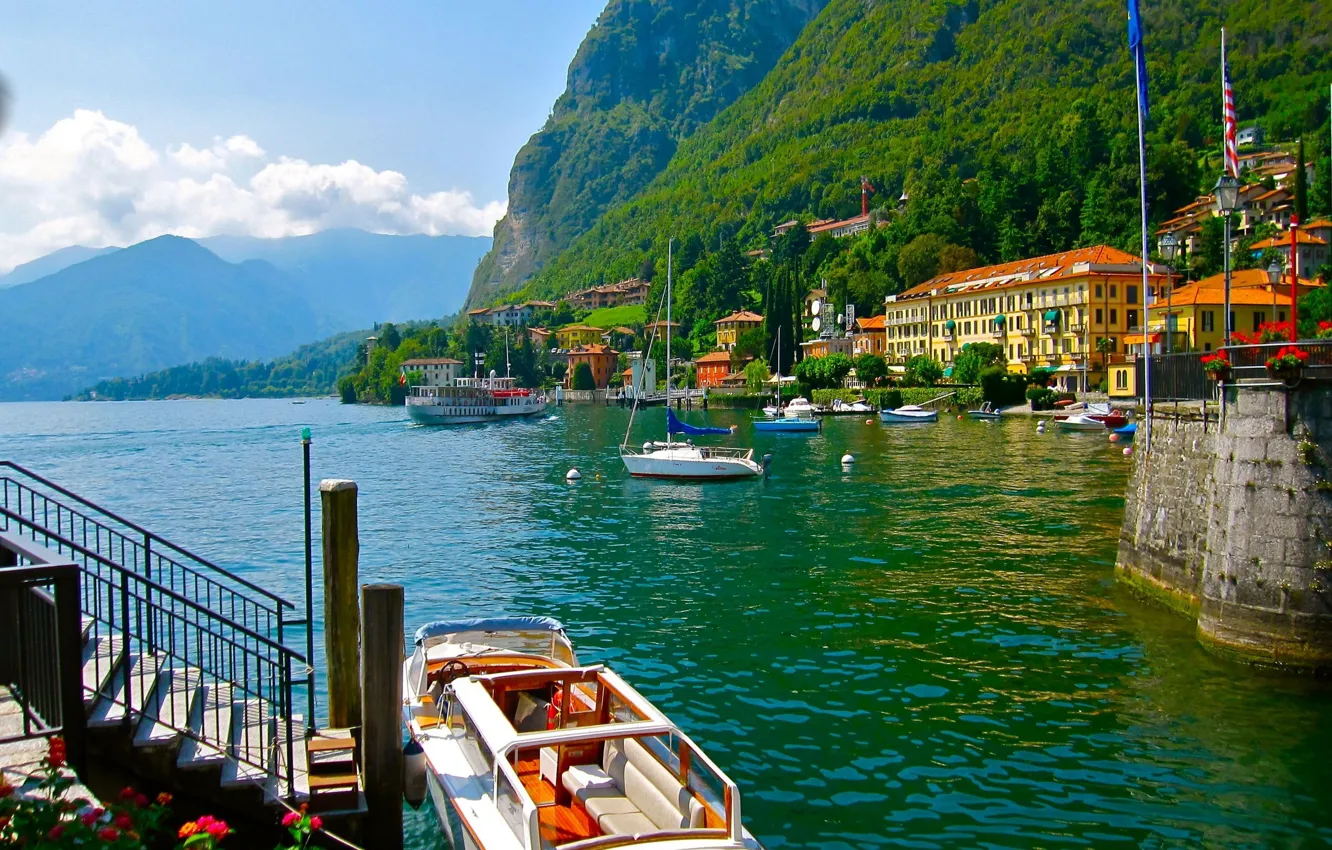 Photo wallpaper forest, mountains, nature, lake, home, yacht, boat, Italy