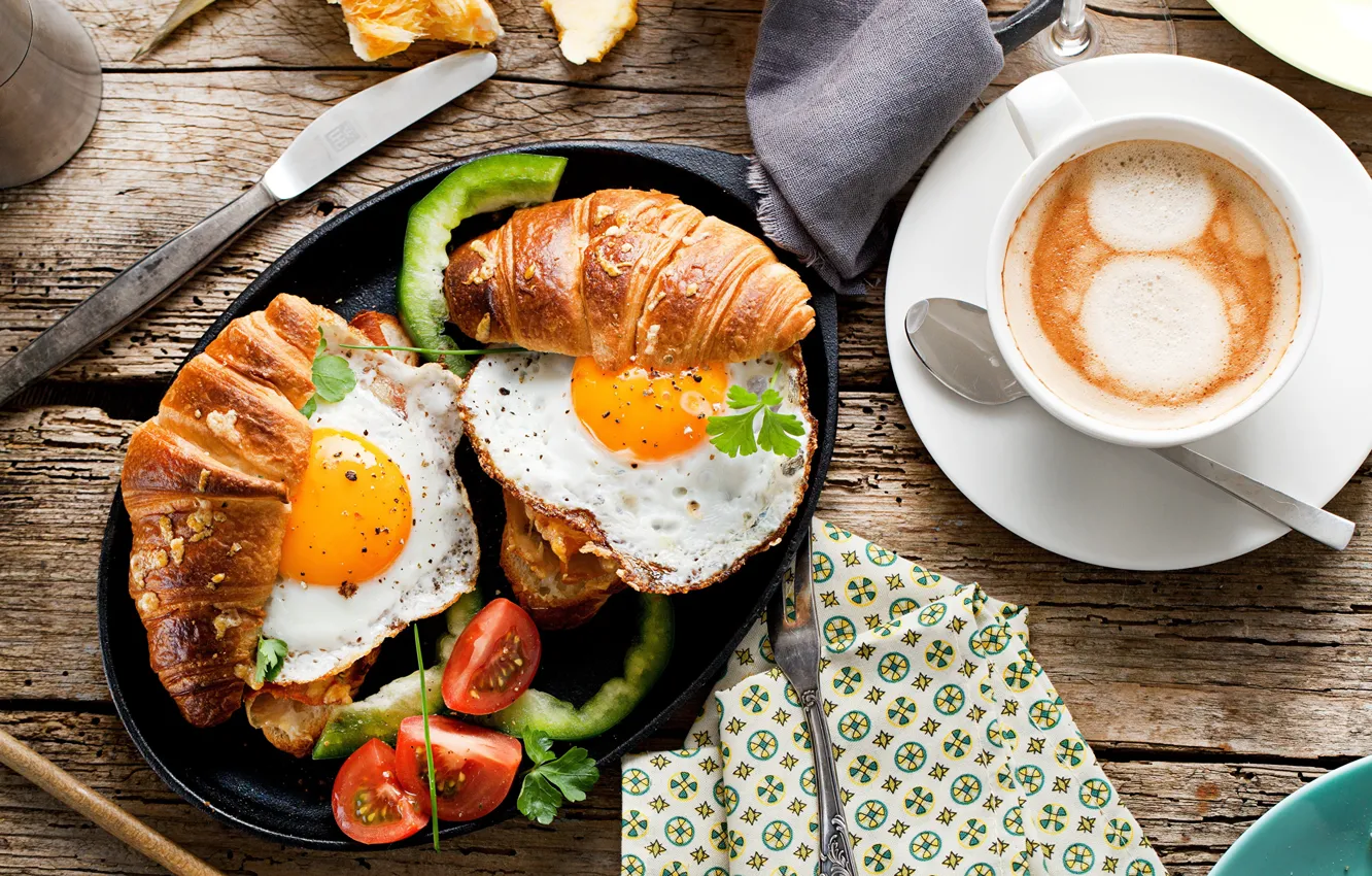 Photo wallpaper coffee, eggs, croissant, sandwiches
