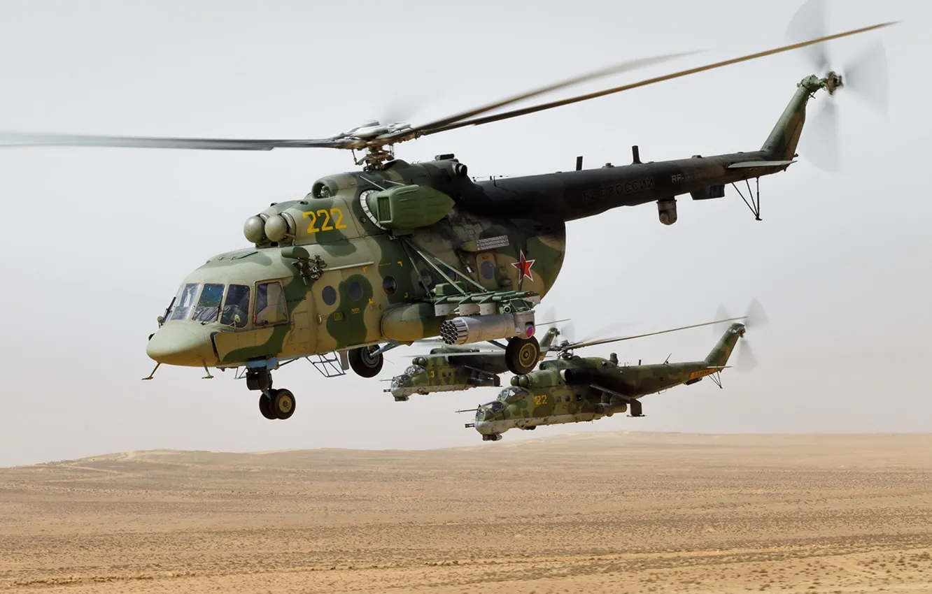 Photo wallpaper desert, flight, helicopters, Mi-8AMTSH, Mi-24P