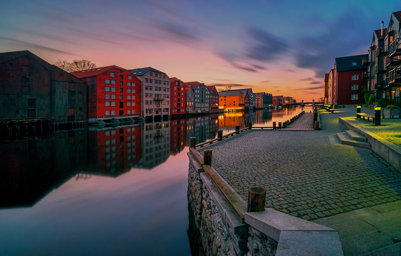 Photo wallpaper water, light, sunset, Norway, channel, architecture