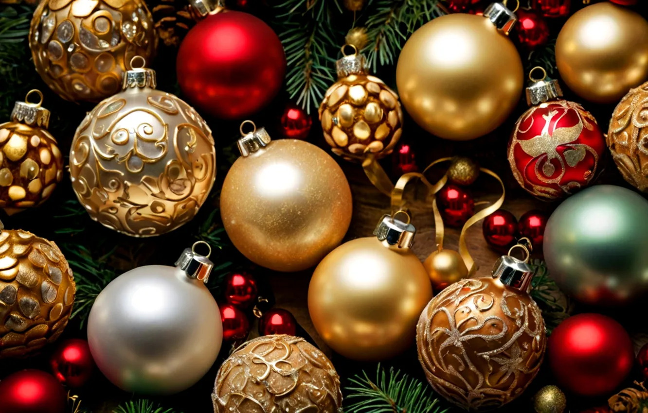 Photo wallpaper balls, new year, Christmas, needles, AI art