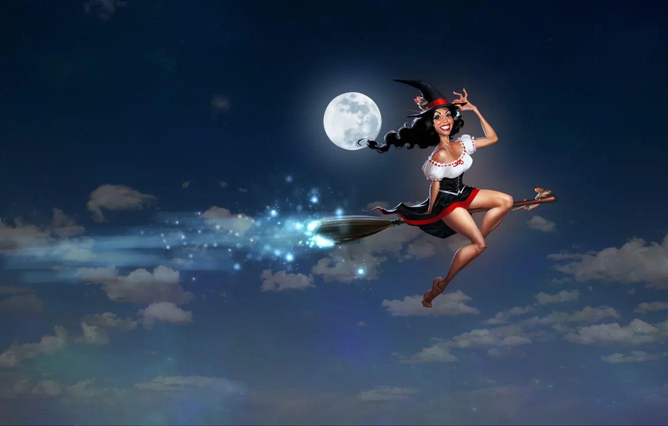 Photo wallpaper the sky, clouds, night, smile, hat, dress, witch, legs