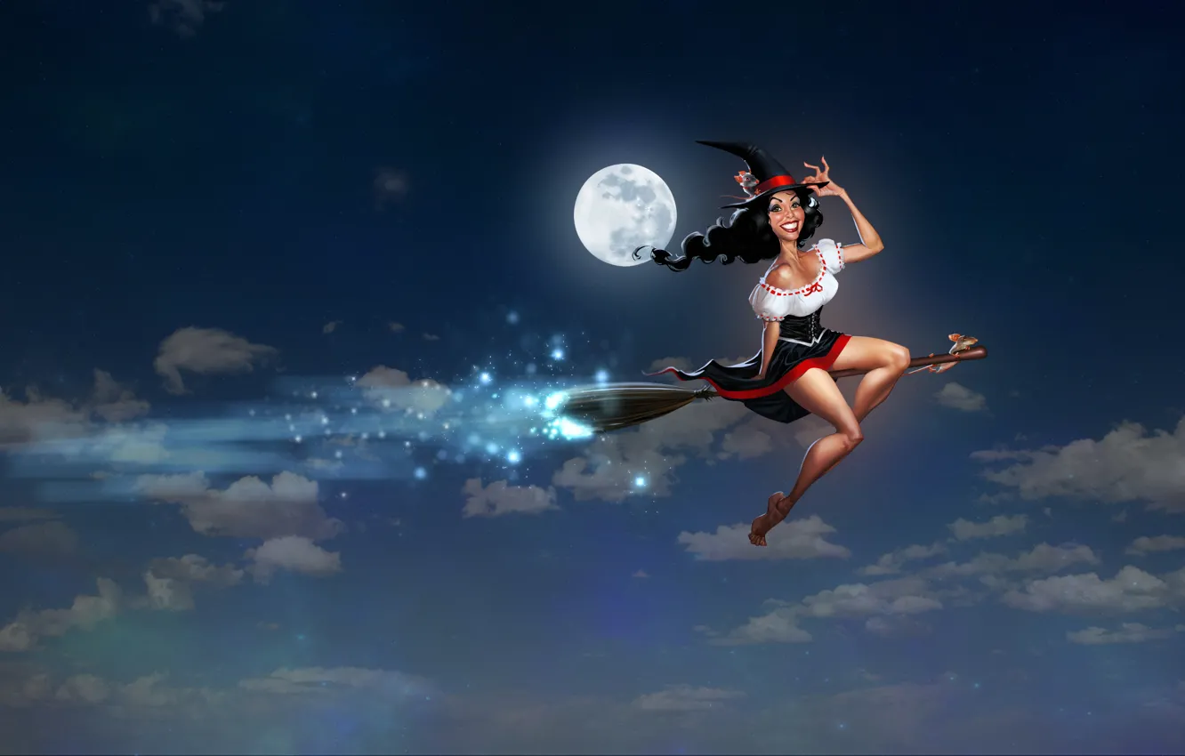 Photo wallpaper the sky, clouds, night, smile, hat, mouse, dress, witch