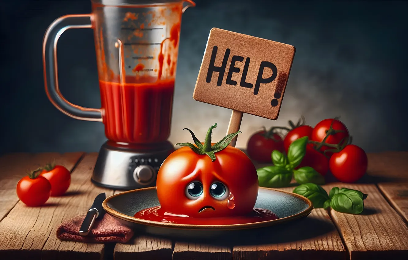 Photo wallpaper sadness, help, poster, tomatoes, tomato juice, AI art