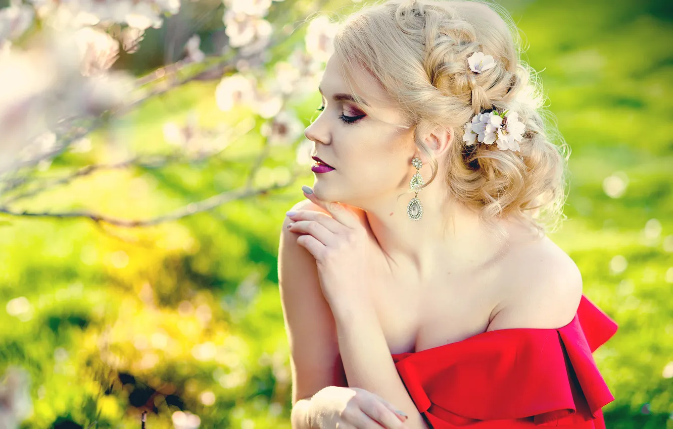 Photo wallpaper greens, girl, light, flowers, branches, nature, face, pose