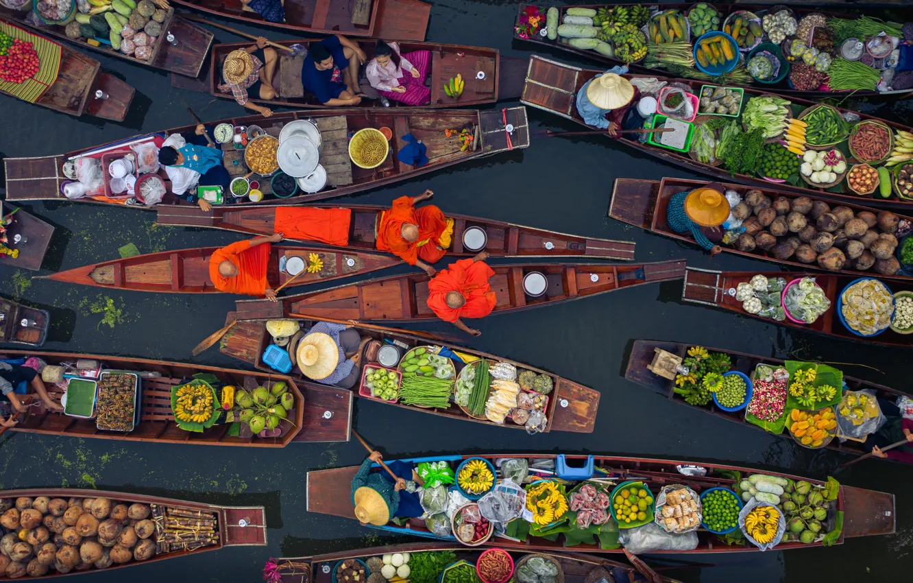 Photo wallpaper river, boats, Thailand, fruit, vegetables, Bazaar, Tha Kha