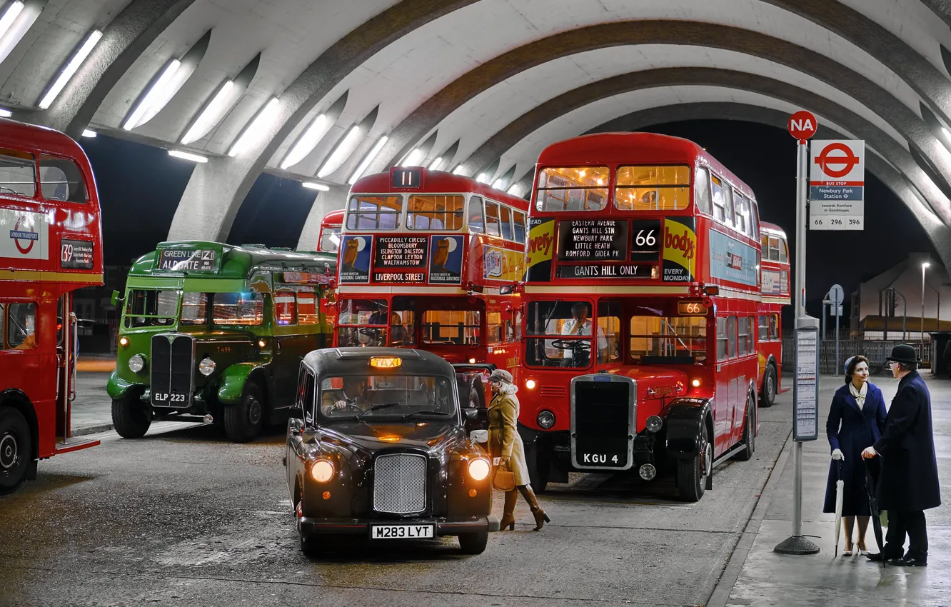 Photo wallpaper retro, people, Parking, taxi, bus
