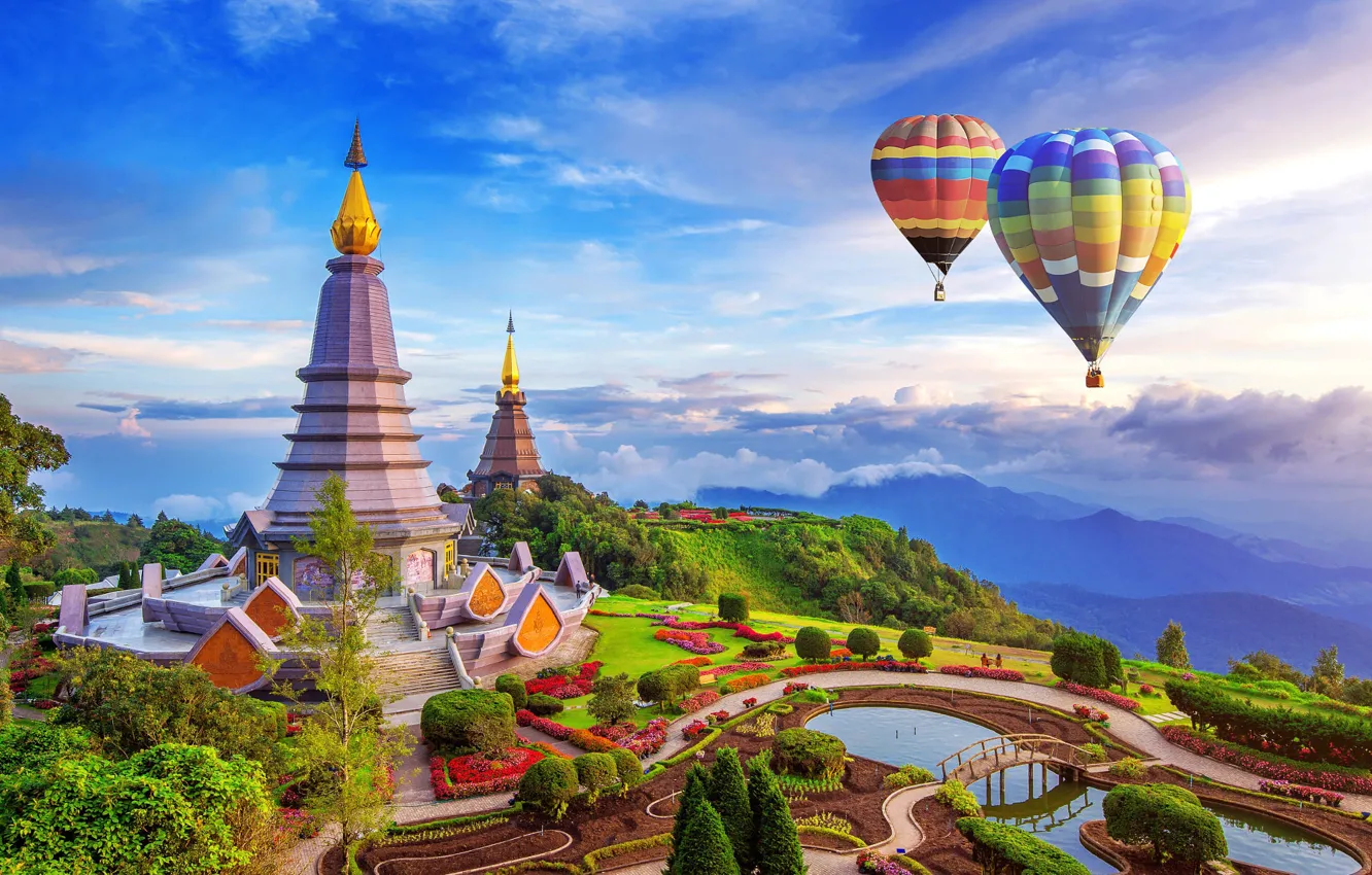 Photo wallpaper clouds, landscape, nature, balloons, Thailand, pagoda, national Park, DOI Inthanon