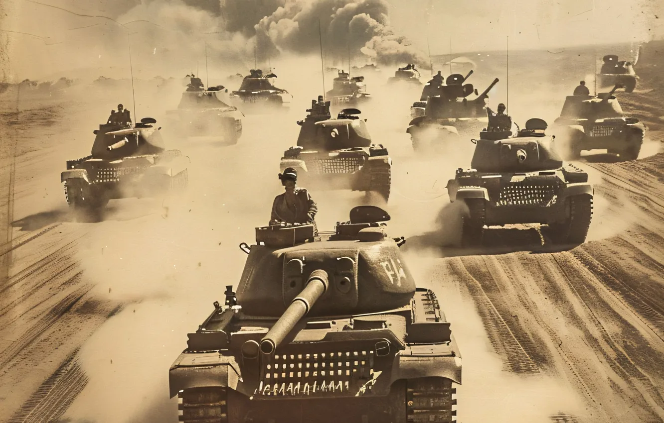 Photo wallpaper retro, smoke, dust, tank, columns, black and white, digital art, AI art