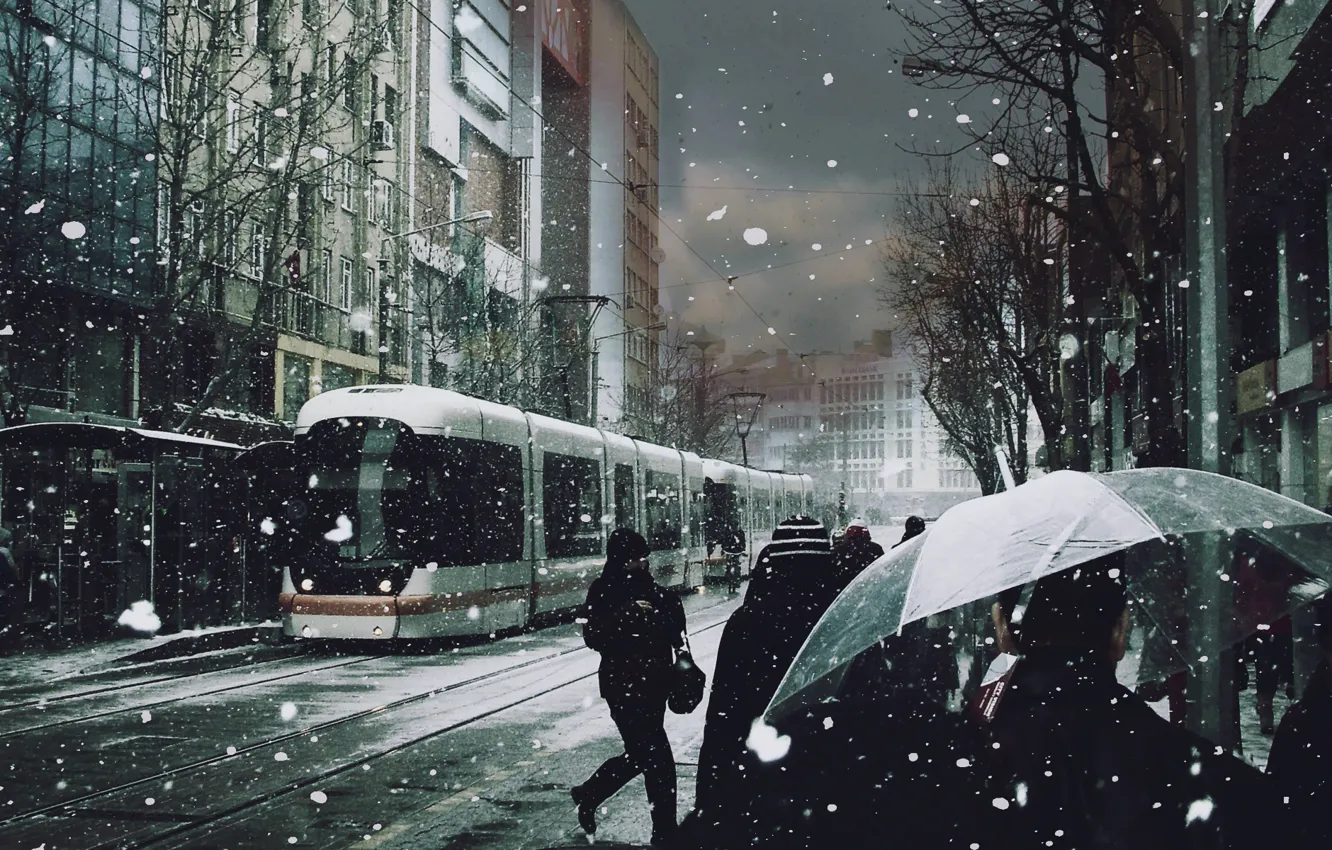 Photo wallpaper snow, people, umbrellas, tram