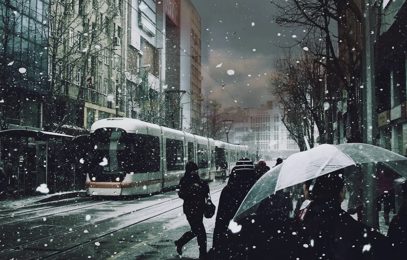 Photo wallpaper snow, people, umbrella, tram