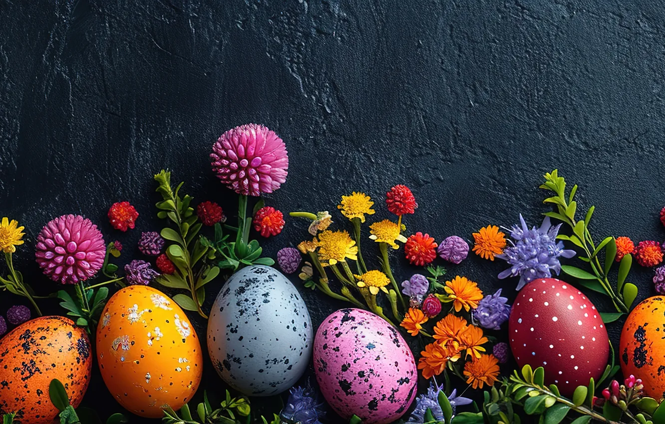 Photo wallpaper flowers, eggs, spring, colorful, Easter, flowers, spring, Easter