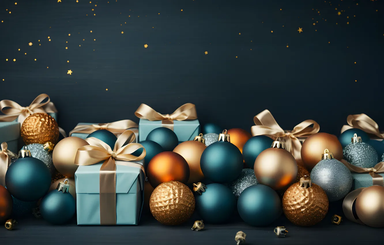 Photo wallpaper decoration, the dark background, gift, balls, new year, Christmas, dark, golden