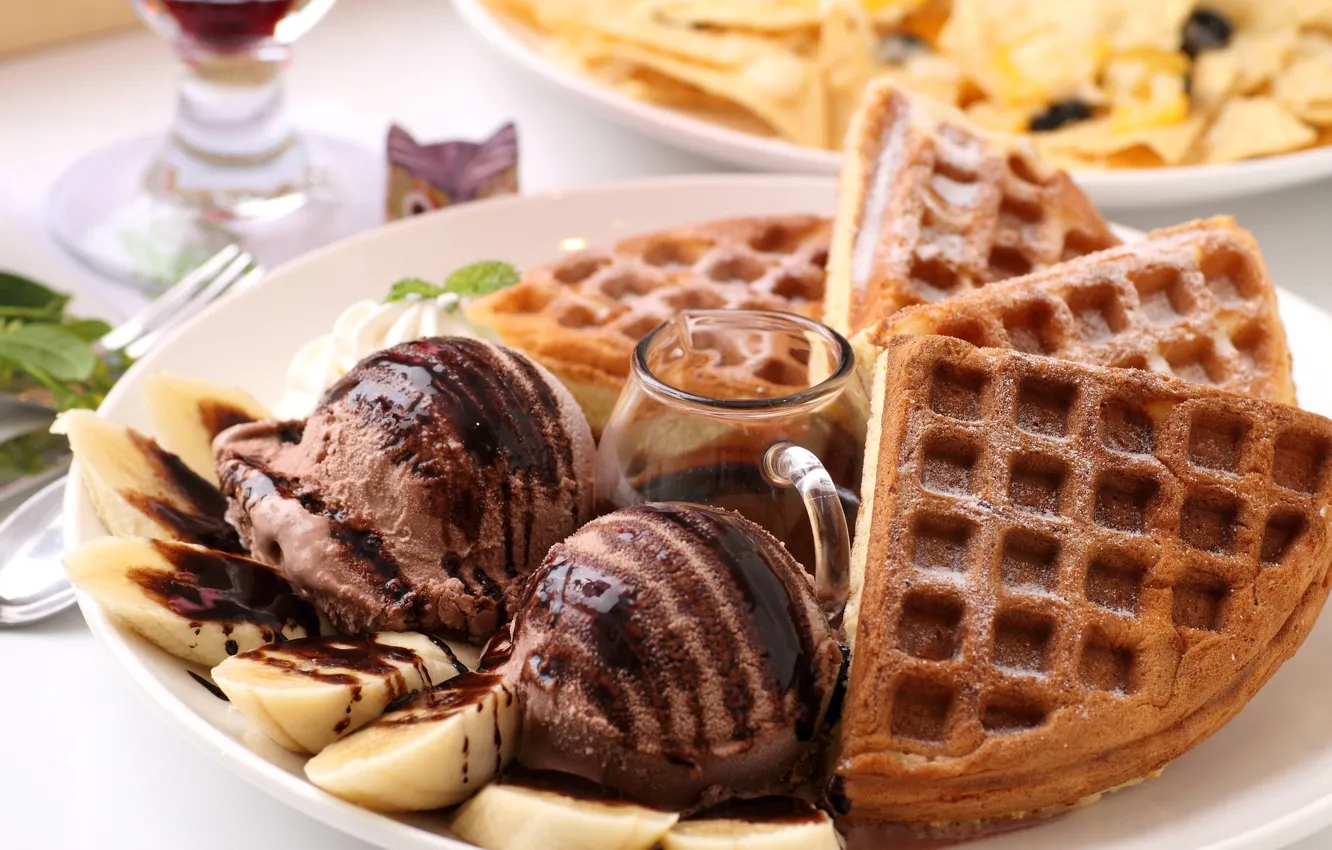 Photo wallpaper food, chocolate, ice cream, bananas, dessert, waffles, cakes, sweet