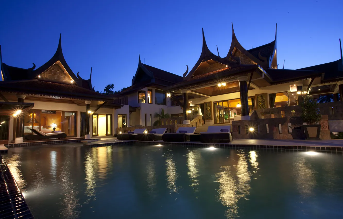 Photo wallpaper Villa, the evening, pool, Thailand, architecture, resort