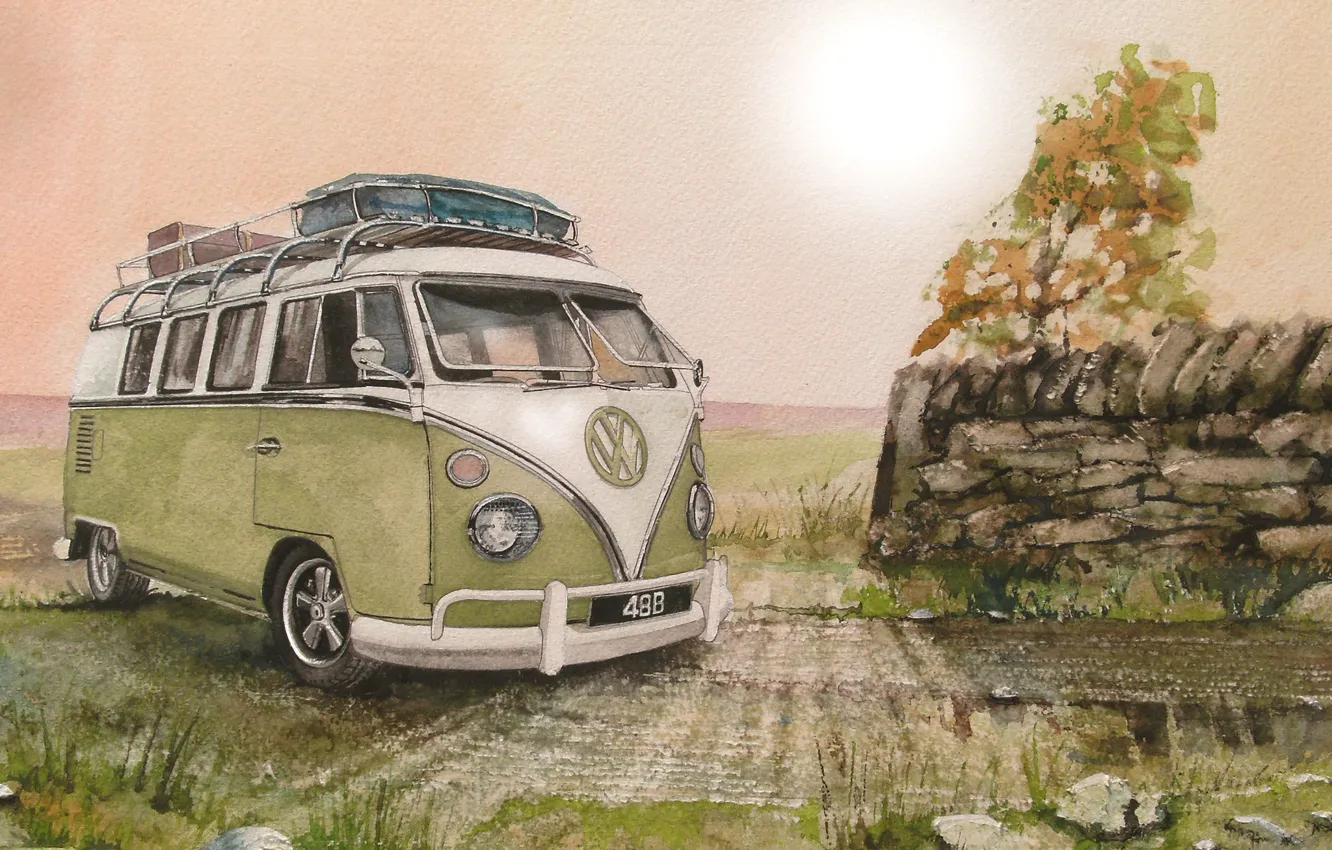 Photo wallpaper road, figure, Volkswagen, painting, minibus, Transporter, Volkswagen, Type 2