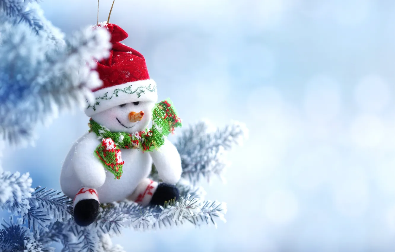 Photo wallpaper winter, snow, toy, tree, New Year, Christmas, snowman, Christmas