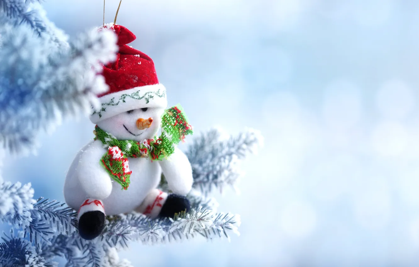 Photo wallpaper winter, snow, toy, tree, new year, Christmas, snowman, Christmas
