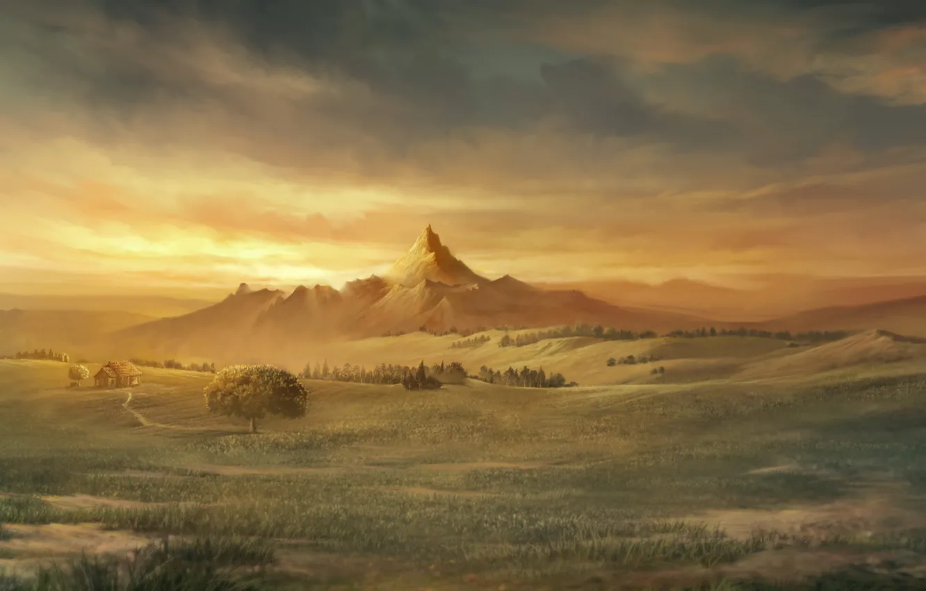 Photo wallpaper field, mountains, figure, home, 157