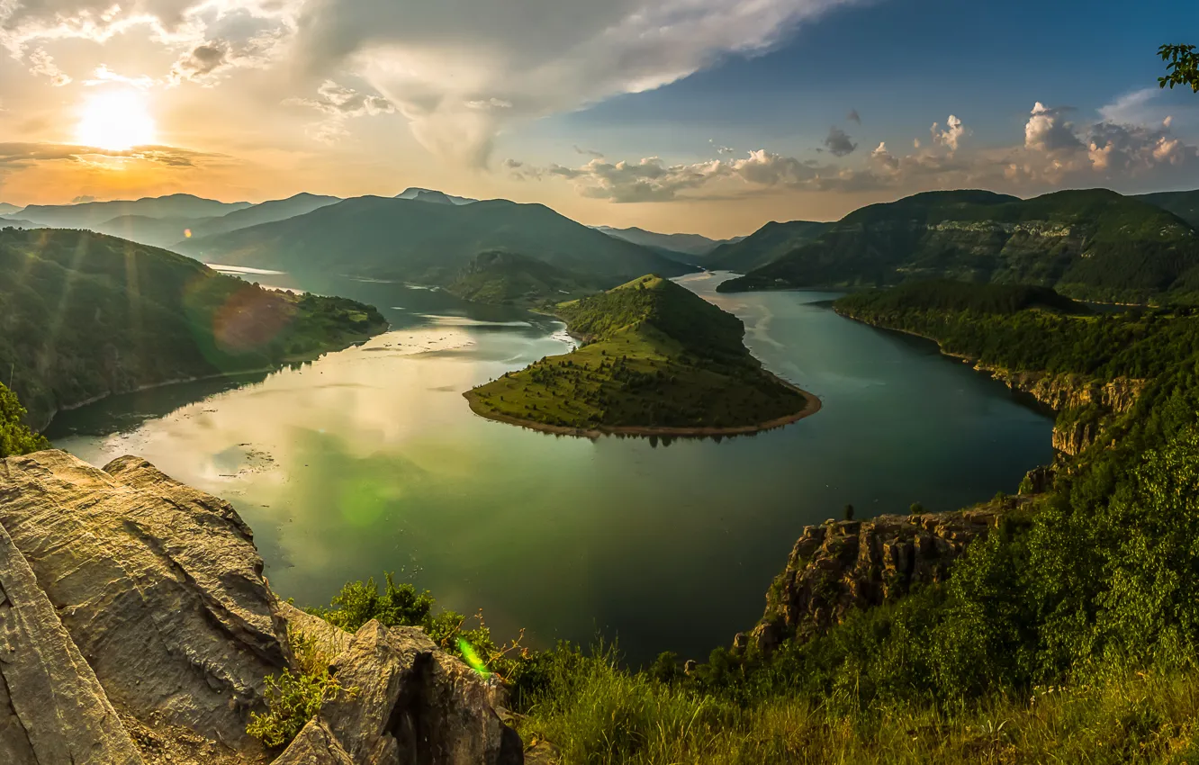 Photo wallpaper forest, the sky, the sun, clouds, rays, trees, landscape, mountains