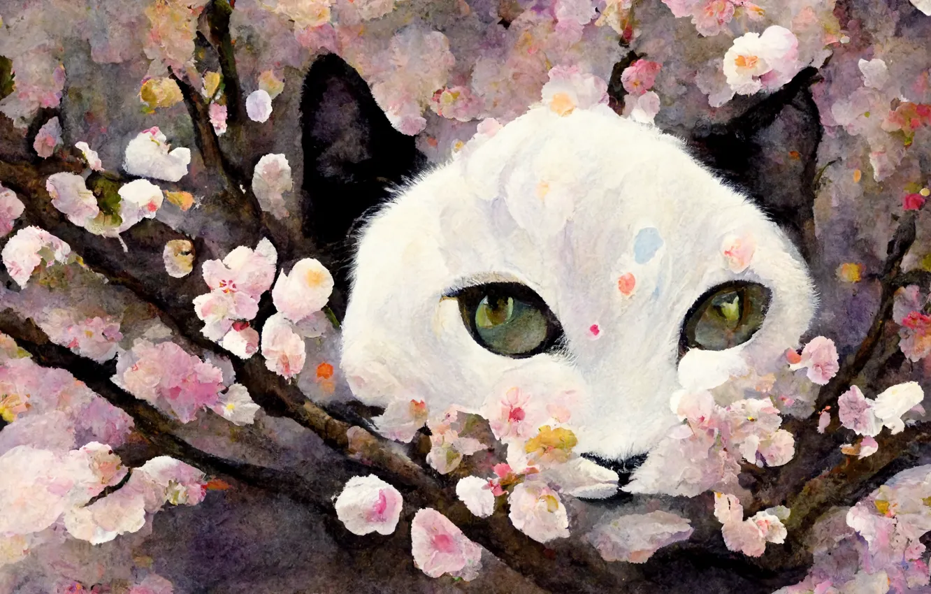 Photo wallpaper cat, cat, look, flowers, spring, Sakura, art, muzzle