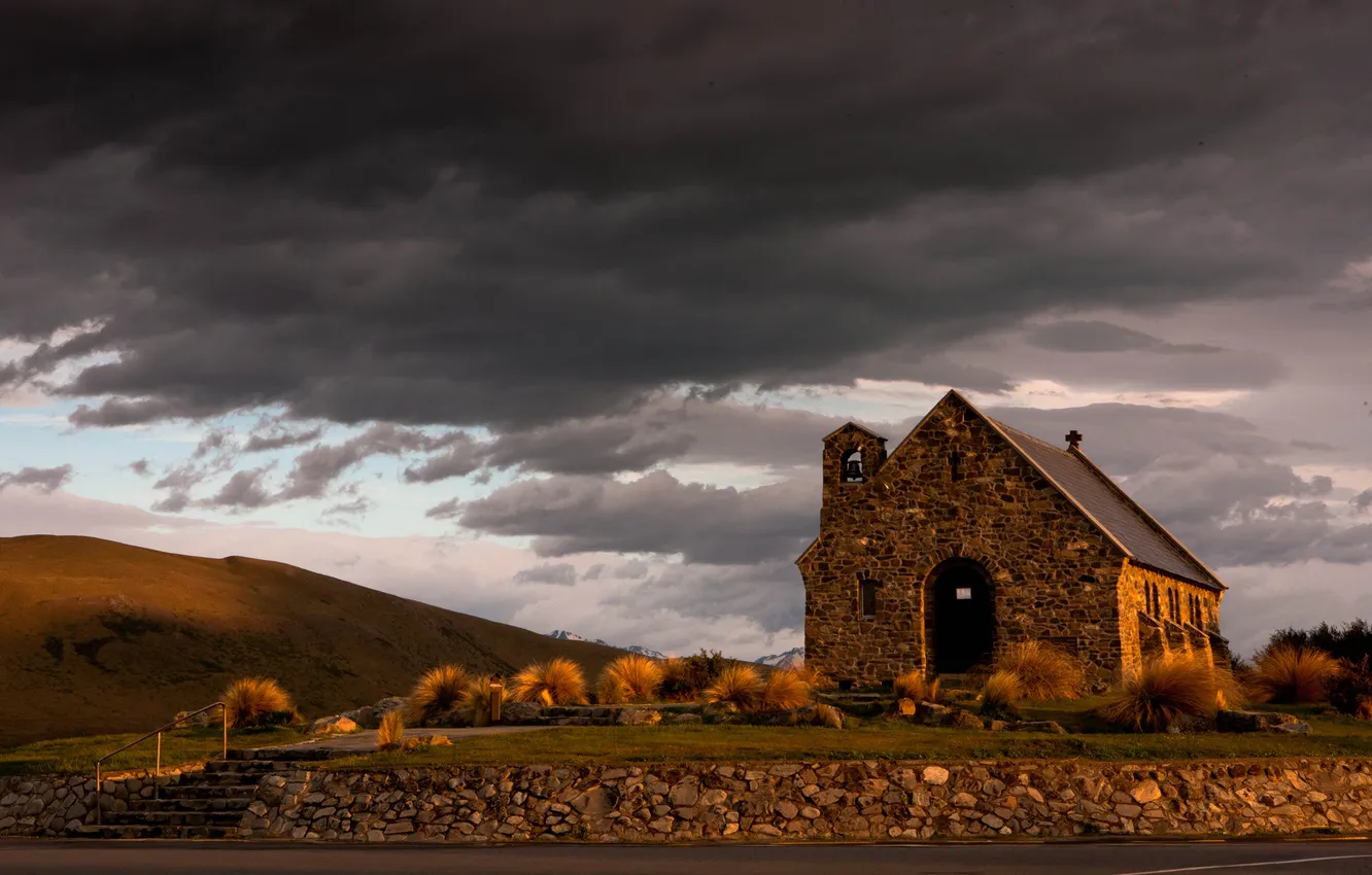 Photo wallpaper the sky, the sun, sunset, mountains, clouds, hills, view, the evening