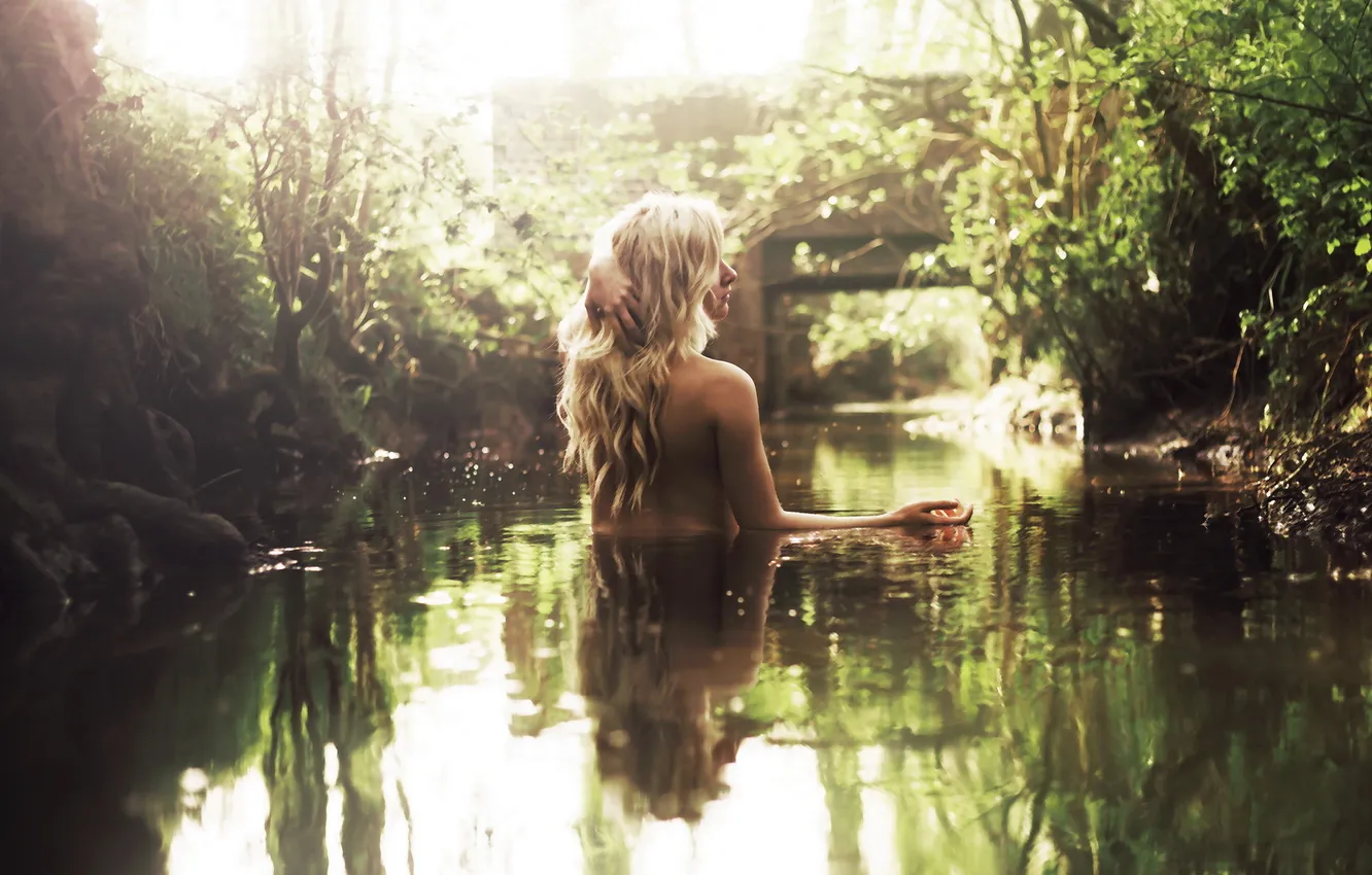 Photo wallpaper girl, light, lake