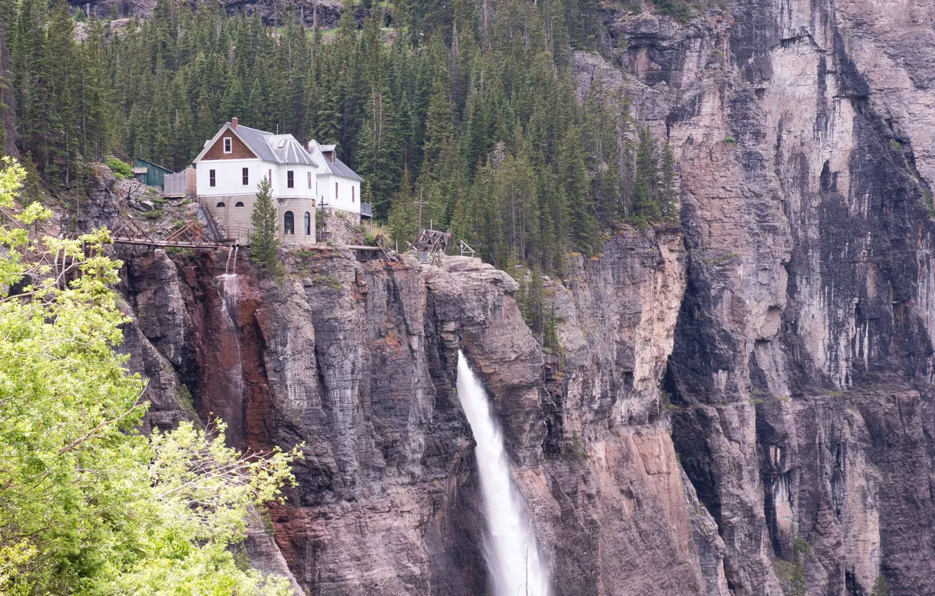 Photo wallpaper house, mountain, waterfall, Colorado, Bridal Veil Falls, tallest free falling