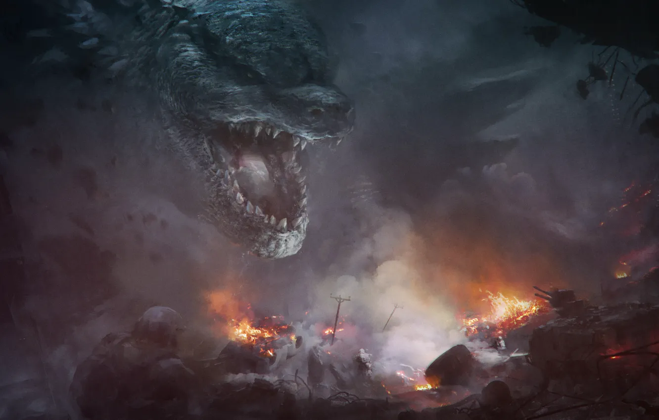 Photo wallpaper night, the city, lights, fiction, figure, soldiers, lizard, Godzilla