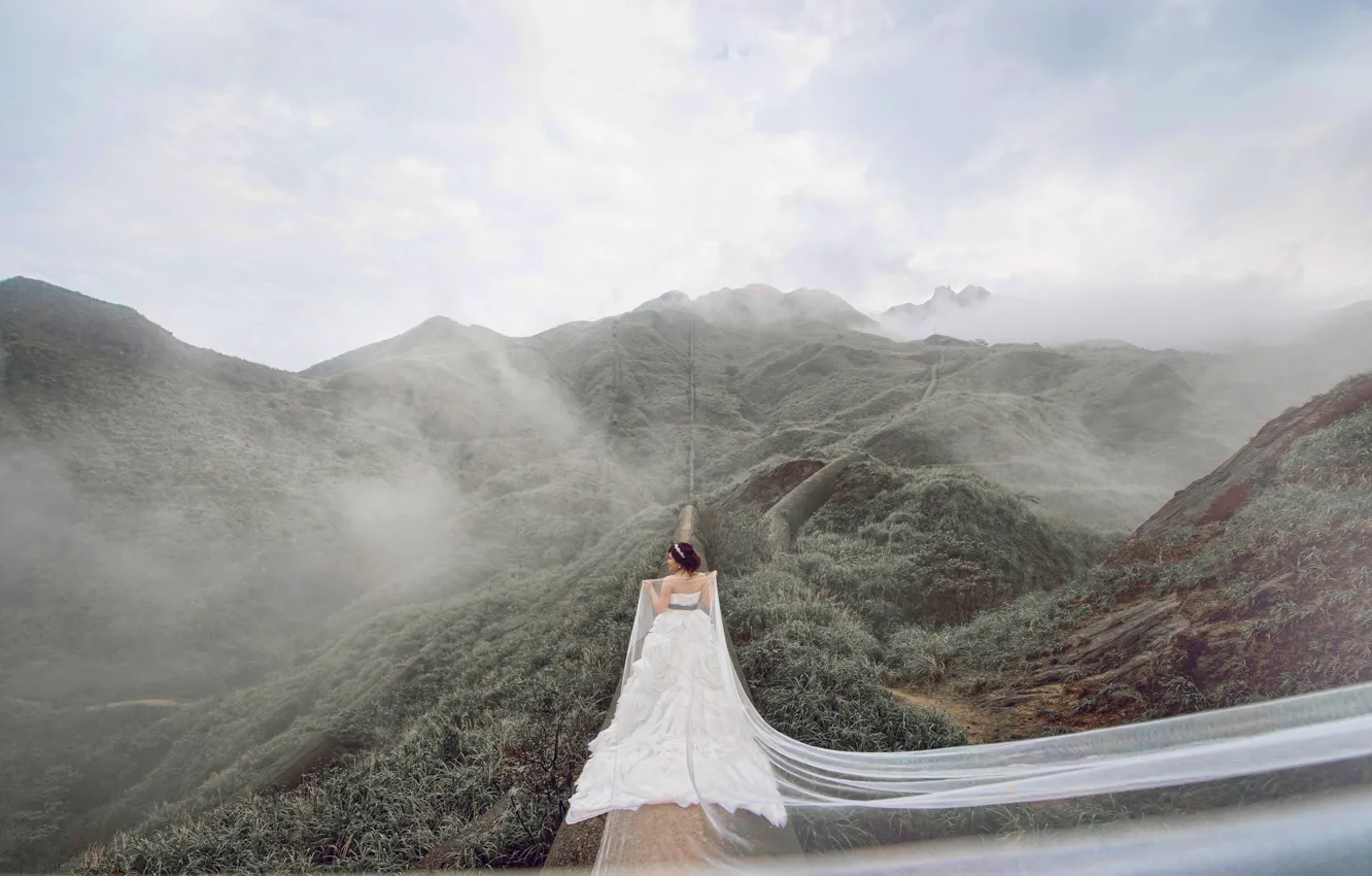 Photo wallpaper girl, hills, dress, the bride